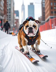 Bulldog on skis in snowy city