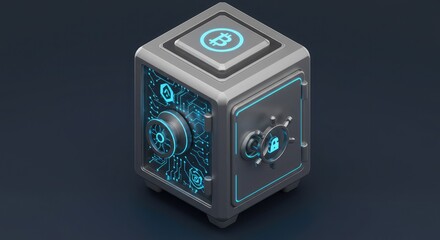Obraz premium Secure your digital assets with this futuristic Bitcoin safe, showcasing advanced encryption and blockchain technology for ultimate cryptocurrency protection and financial security.