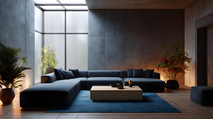 A stylish modern living room with minimalist design and soft natural light. 