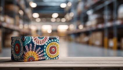 Colorful patterned wallet on a wooden table in a warehouse setting.