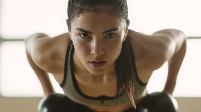 Focused young woman lifts weights in gym during workout session for strength training and fitness improvement