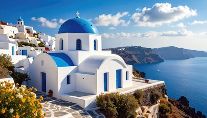Santorini Greece White Buildings with Blue Domes Overlooking Aegean Sea Cliffs and Clear Blue Sky Idyllic European Travel Destination on Sunny Day