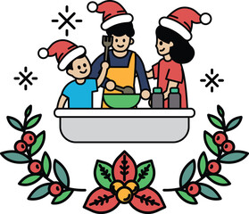 A family of three people are cooking together in a kitchen