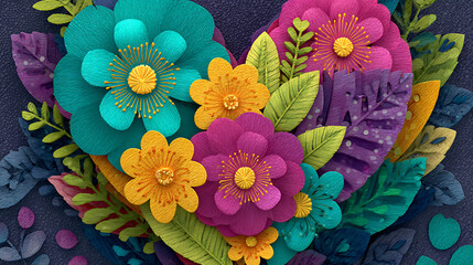 3D greeting card featuring neon glowing heart surrounded by delicate flowers, modern romantic concept with soft lighting, 4K ultra detail