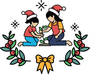 A woman and a child are planting a tree together