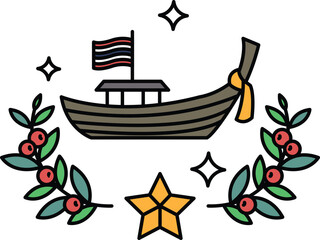 A boat with a flag on it is surrounded by leaves and berries