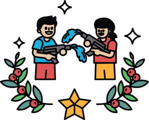 Two children are holding guns and spraying water at each other