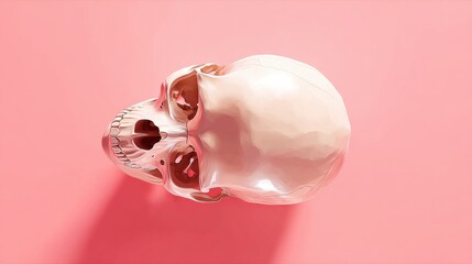 A 3D representation of a human skull sits against a soft pink background, highlighting its structural details and artistic form in a minimalist setting.