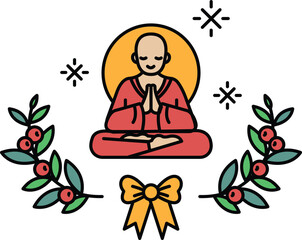A man in a red robe is sitting cross legged and making a sign of the cross