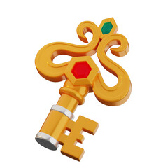 Intricate Golden Key with Red and Green Gemstones on Transparent Background Ornate Design