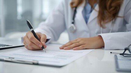 Fototapeta premium Healthcare and medicine concept with a focused doctor writing a prescription and completing an insurance claim form in a clinic, symbolizing medical professionalism and patient care