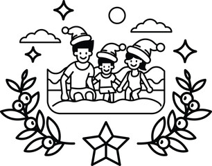 A family of three children and a man are sitting on a sled