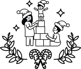 A woman and two children are building a tower out of blocks