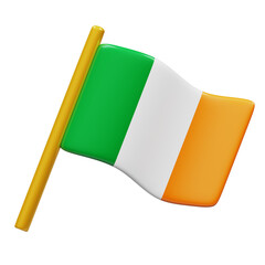 Irish Tricolour Waving Flag on Transparent Background with Green White and Orange Stripes, Golden Staff, National Symbol of Ireland