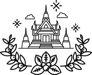 A drawing of a building with a wreath around it