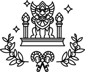 A black and white drawing of a dragon and a lion with a wreath of leaves