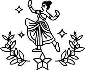 A woman is dancing in a circle with leaves and stars