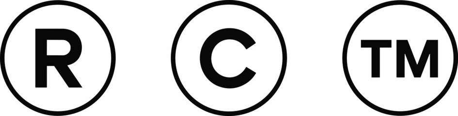 Trademark copyright and registered symbol vector illustration, black and white intellectual property icons, legal protection signs, branding identity logo design, business rights element