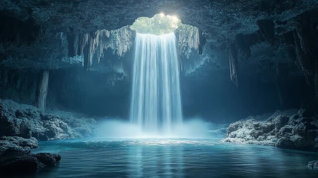 Mystical Underground Waterfall Cascading into a Serene Grotto Pool.