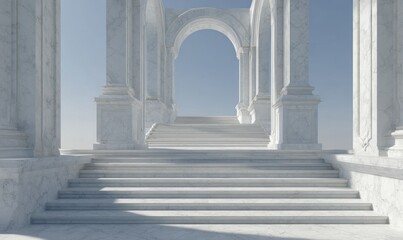 Fototapeta premium White Marble Archway and Steps Leading to a Bright Horizon.