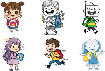 Cute cartoon school kids with backpacks, happy children illustration, back to school vector, students carrying books and supplies
