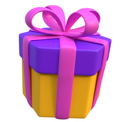 Isolated 3D Rendered Gift Box With Purple And Yellow Hues Featuring a Pink Bow on Transparent Background