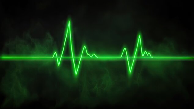 Neon green heartbeat graphic on a dark background.