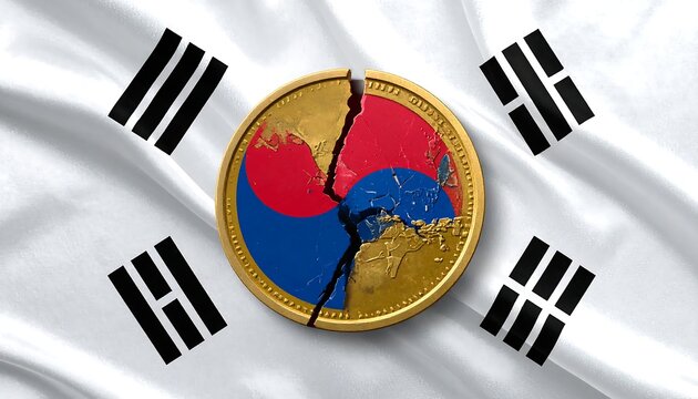 Abstract representation showing a broken golden coin against the Korean flag, symbolizing division and conflict