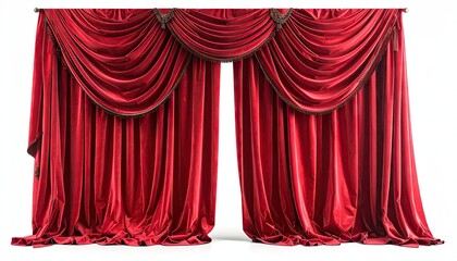 Elegant Red Velvet Curtains with Gold Tassels and Draping Design Isolated on White Background for Interior Decor