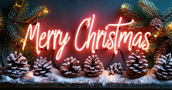 Festive scene. Bright neon sign displays Merry Christmas. Snow covered pinecones line bottom. Evergreen branches frame composition. Warm lighting creates holiday mood.