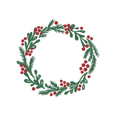Christmas wreath of green branches with red berries. Hand drawn vector illustration isolated on white background. Winter holiday decoration. Decorative frame. Design for greeting card, invitation
