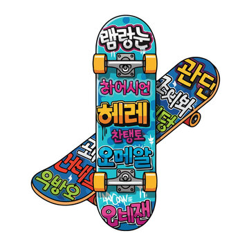 Two skateboards with colorful korean text and graffitistyle designs, isolated on transparent, representing youth culture and extreme sports