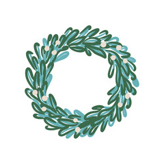 Christmas wreath made of green blue branches with leaves and white berries. Hand drawn vector illustration isolated on white. Winter holiday decoration. Frame design for greeting card, invitation
