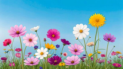 Fototapeta premium Colorful wildflowers blooming in spring meadow under blue sky 
