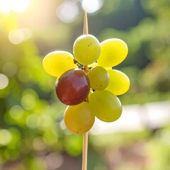 Bunch of green grapes with one red grape on a stick, blurred background