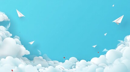 Paper airplanes soar in a bright blue sky with fluffy clouds and copy space