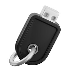 Isolated Black and White Usb Drive with Metal Ring and Smooth Shading on Transparent Background