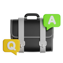 Isolated Black Briefcase with White Straps and Yellow Q and Green A Speech Bubbles on Transparent Background