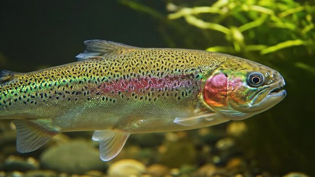 Rainbow trout with yellow green and red coloring swimming in a clear water environment