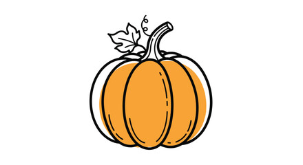 A hand drawn illustration of an orange pumpkin with a stem and leaf.