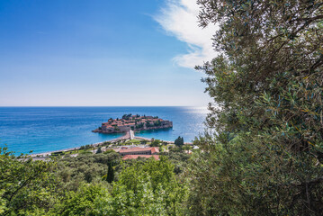 View with Sveti Stefan islet on the Adriatic coast in Montenegro