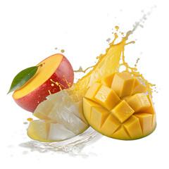 Floating mango slices with golden juice splash transparent background &ndash; tropical fruit photo manipulation