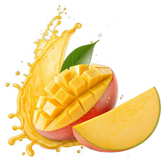 Floating mango slices with golden juice splash transparent background &ndash; tropical fruit photo manipulation