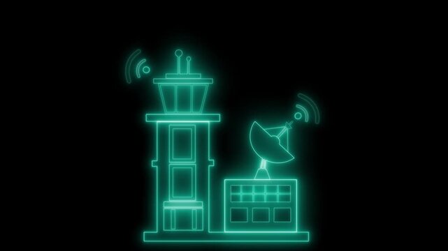 Neon Airport Control Tower and Radar Dish Animation