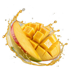 Floating mango slices with golden juice splash transparent background &ndash; tropical fruit photo manipulation