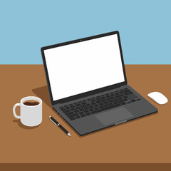 Fototapeta premium Flat vector illustration of office desk with laptop, coffee cup, and documents, great for workplace themes.