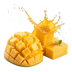 Floating mango slices with golden juice splash transparent background &ndash; tropical fruit photo manipulation