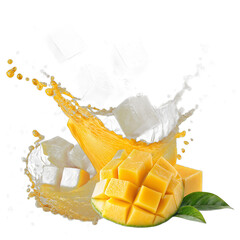 Floating mango slices with golden juice splash transparent background &ndash; tropical fruit photo manipulation