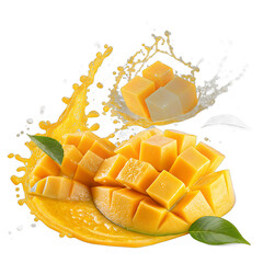 Floating mango slices with golden juice splash transparent background &ndash; tropical fruit photo manipulation