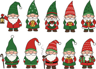 Cute Christmas gnomes cartoon illustration, festive holiday characters with gifts, lantern, wreath, celebration design, joyful winter vector artwork